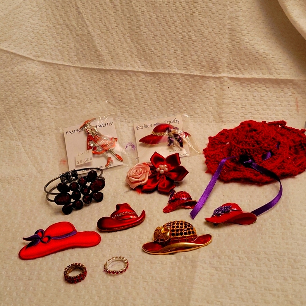 Red Hat pins, rings and barette!